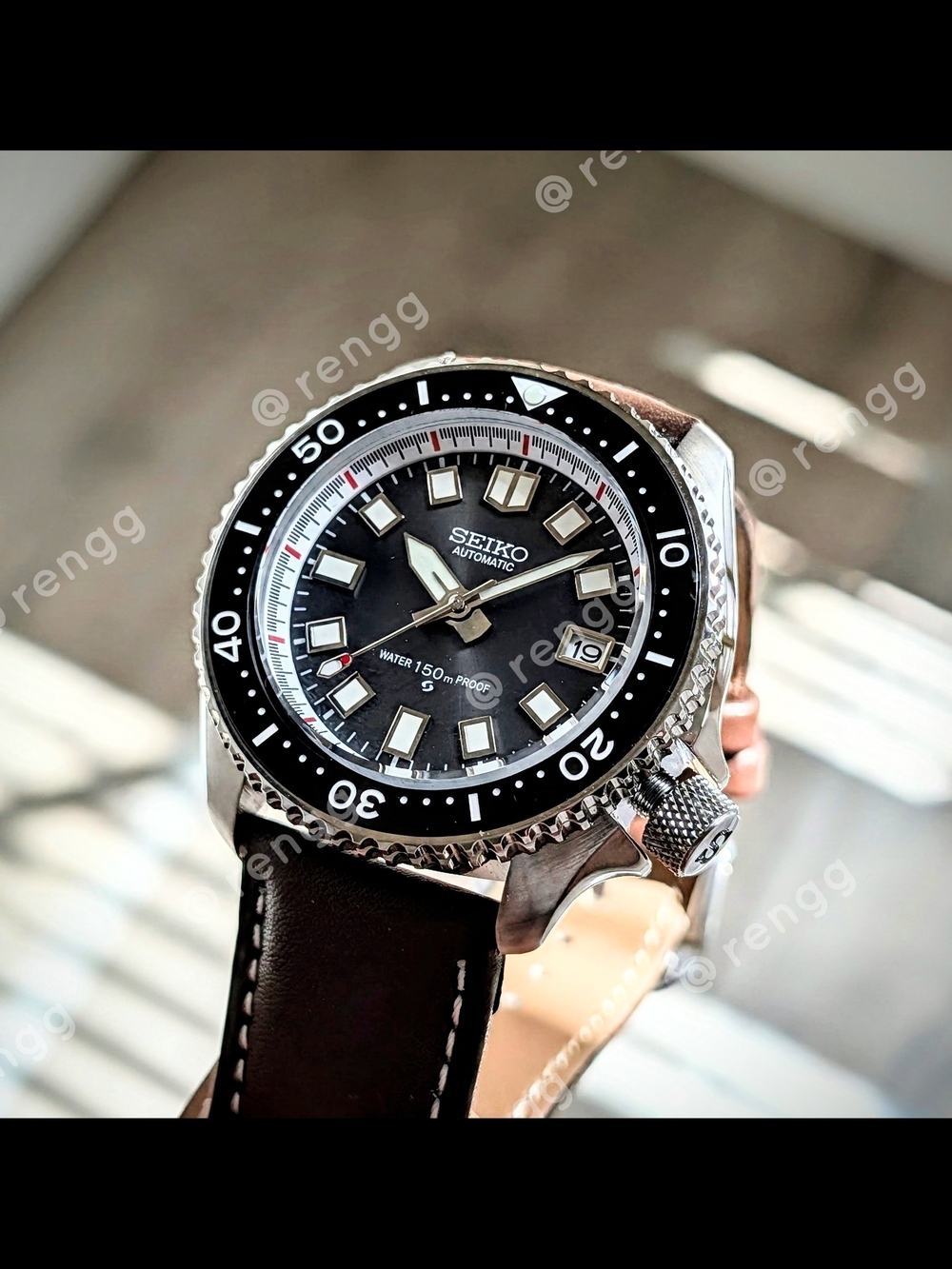42mm Seiko Black Dial Automatic Diver Mod Watch Sapphire  Brown Leather Strap